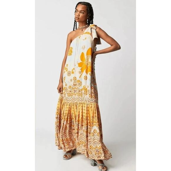 NEW Free People COTE D AZUR One Shoulder Flowy Maxi Dress in Tea Combo S NWOT - Picture 3 of 10